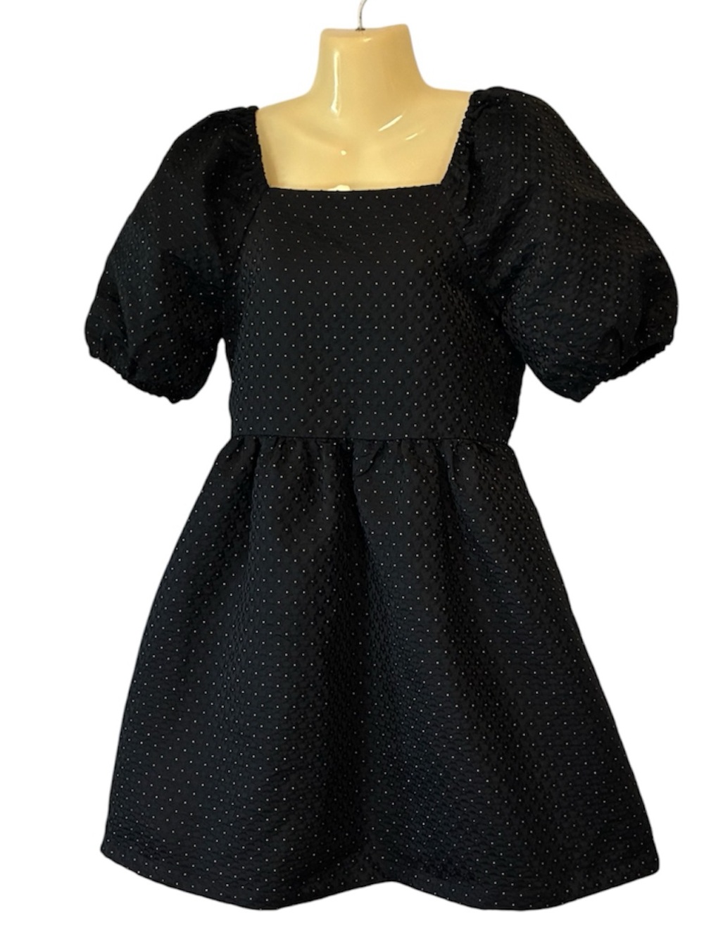 Copper Key Smocked Puff Sleeve Dress Dotted Texture Black Gold Party Girls XL 16